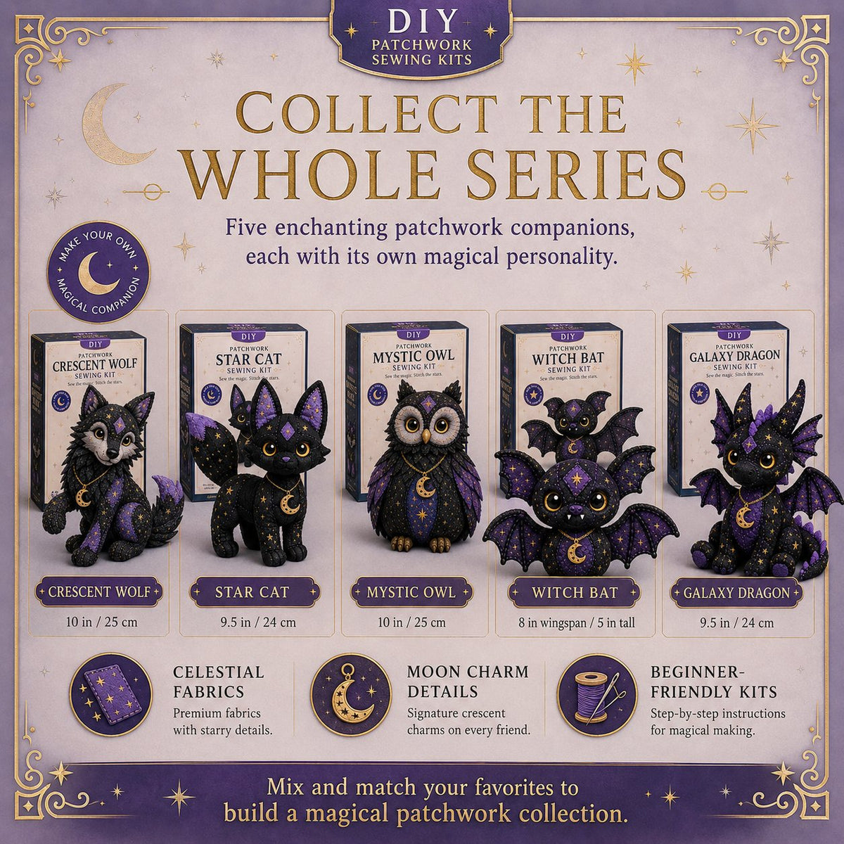 LAST DAY 50% OFF - Mystic Patchwork Animal Sewing Kit – DIY Plush Craft Kit with Starry Fabric, Moon Charm
