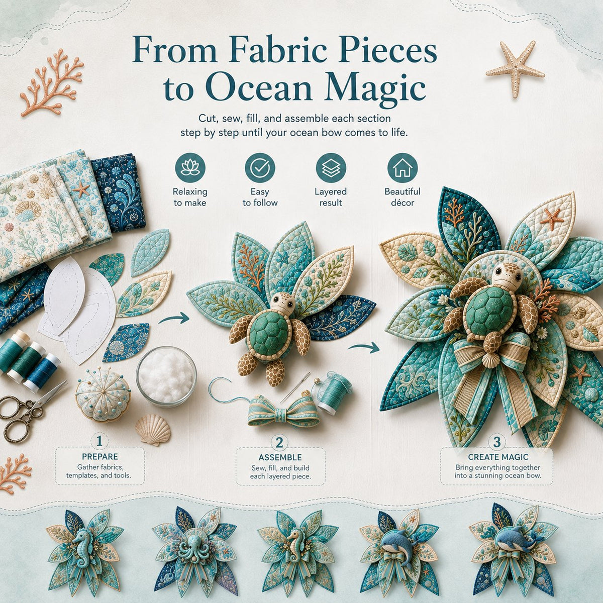 🌊 DIY Ocean Animal Quilted Bow Kit – Large 3D Coastal Door & Wall Décor
