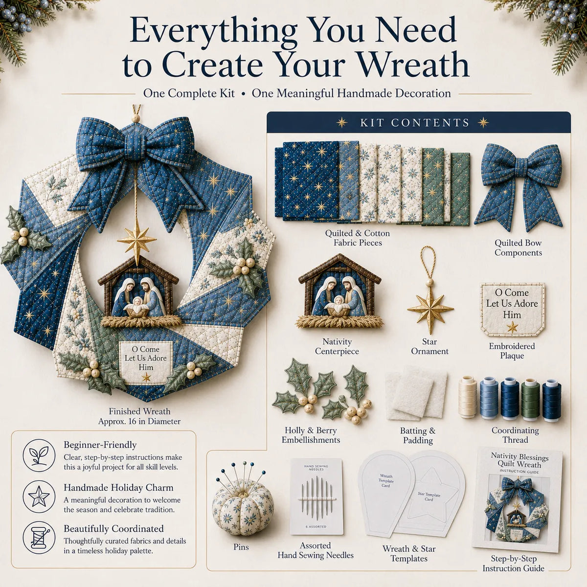 ⏳ Last Day 49% OFF – 🎄Beginner-Friendly DIY Christmas Fabric Wreath Kit Collection | Complete Kit with Coordinated Fabrics, Wreath Materials & Step-by-Step Guide Included 💕
