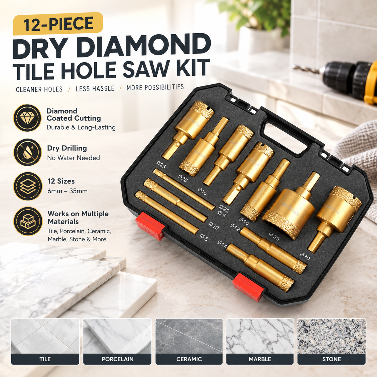 ⏳🔥LIMITED-TIME 55% OFF! ⏰12-Piece Dry Diamond Tile Hole Saw Kit (6-35mm)