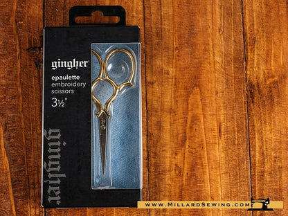 Scissors, 3.5′′ Embroidery W/ Epaulette Gold Handles & Leather Sheath by Gingher