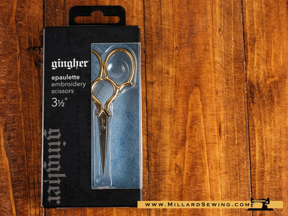 Scissors, 3.5′′ Embroidery W/ Epaulette Gold Handles & Leather Sheath by Gingher