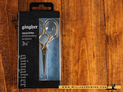 Scissors, 3.5′′ Embroidery W/ Epaulette Gold Handles & Leather Sheath by Gingher