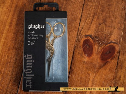 Scissors, 3.5′′ Embroidery Stork Style with Gold-Handle & Leather Sheath by Gingher