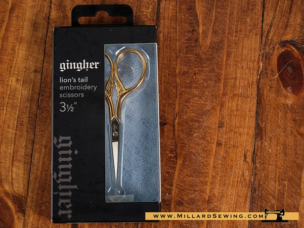 Scissors, 3.5′′ Embroidery W/ Lions Tail Design Gold Handles & Leather Sheath by Gingher
