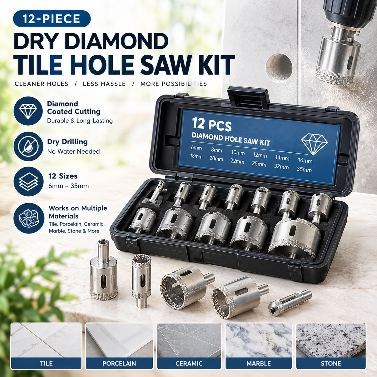 ⏳🔥LIMITED-TIME 55% OFF! ⏰12-Piece Dry Diamond Tile Hole Saw Kit (6-35mm)